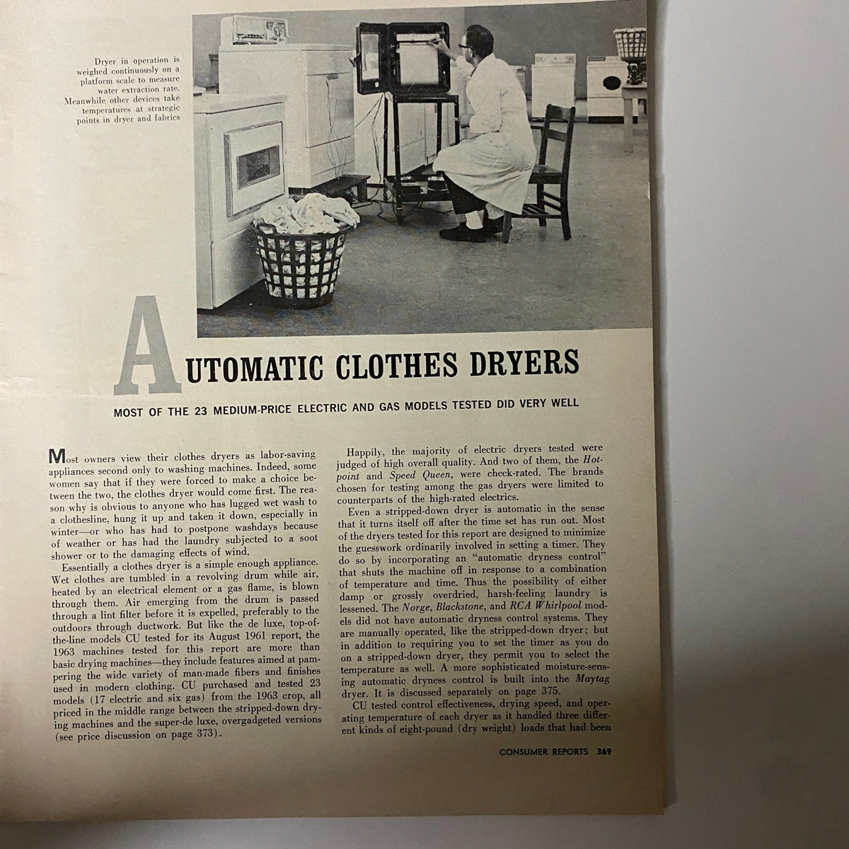 Consumer Reports Magazine August 1963 article on Automatic Clothes Dryers discussing performance evaluations and consumer insights.
