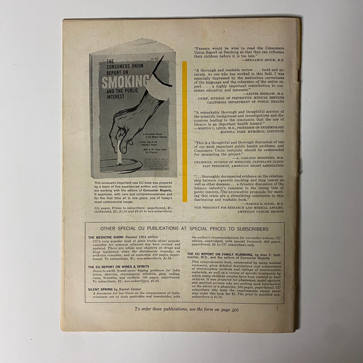 Consumer Reports Magazine August 1963 back cover showcasing additional publications from the Consumers Union, including topics on smoking and public interest.