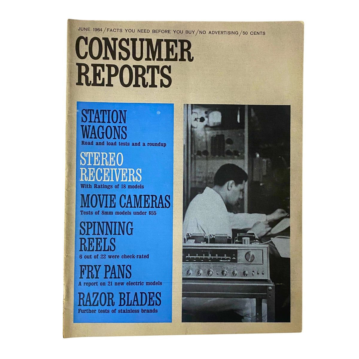Cover of Consumer Reports Magazine June 1964 featuring Stereo Receivers, Movie Cameras, and Fry Pans reviews, showcasing popular consumer products of the 1960s.
