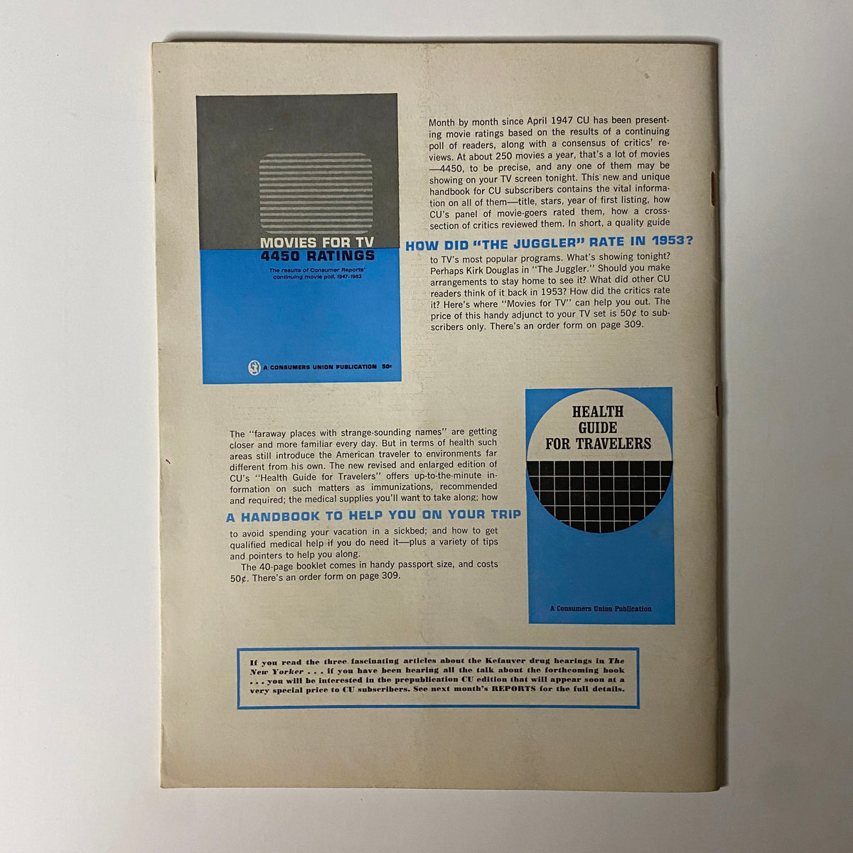 Back cover of Consumer Reports Magazine June 1964, featuring advertisements and articles related to movies and health guides for travelers.