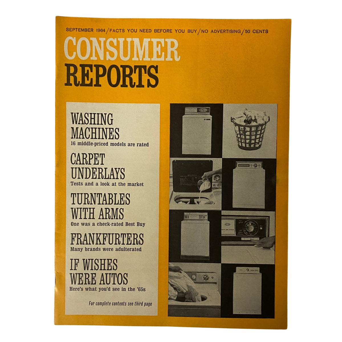 Consumer Reports Magazine September 1964 cover featuring articles on washing machines, carpet underlays, turntables, and frankfurters.