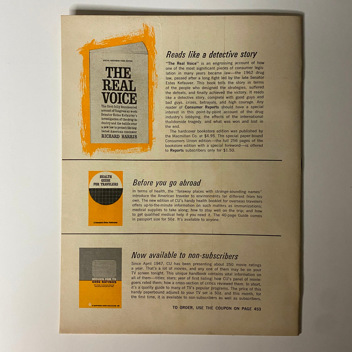 Back page of Consumer Reports Magazine September 1964 advertising books and services related to consumer advocacy.