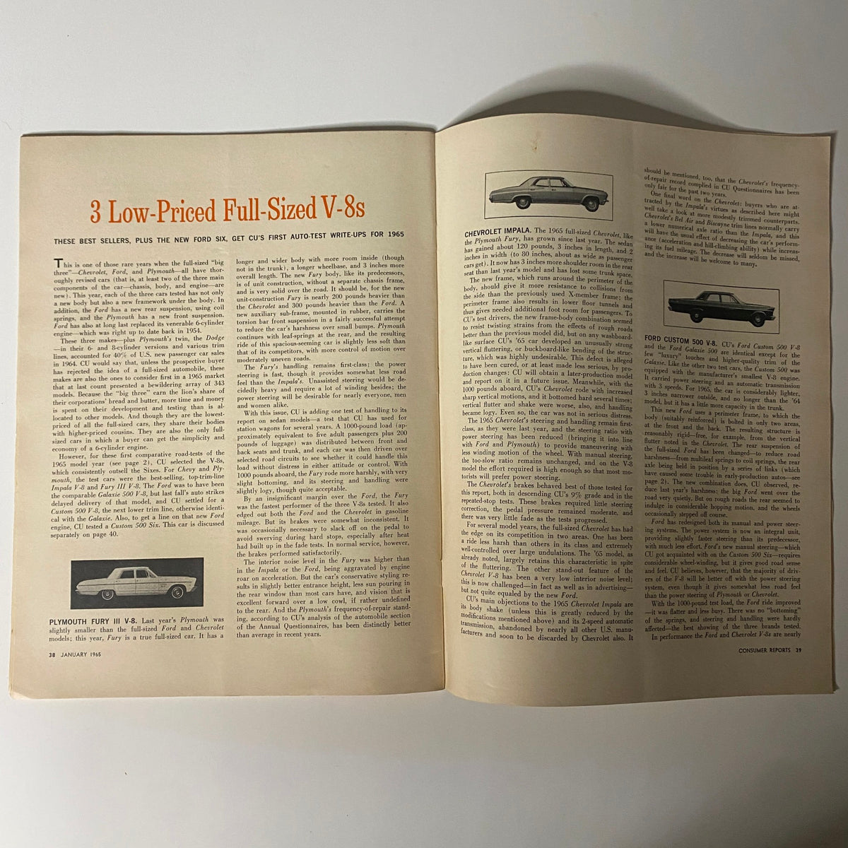 Consumer Reports Magazine January 1965, presenting detailed reviews of low-priced full-sized V-8 models from Chevrolet, Ford, and Plymouth.