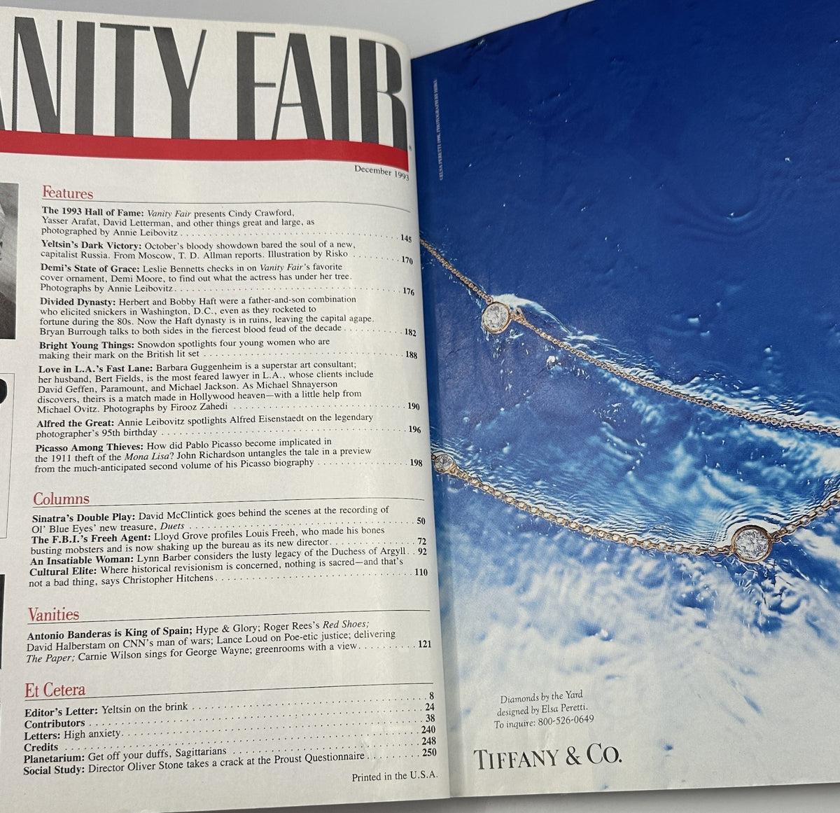 Inside spread of Vanity Fair Magazine, December 1993 showcasing the Table of Contents with featured articles and images, including 'The 1993 Hall of Fame' and 'Demi's State of Grace'.