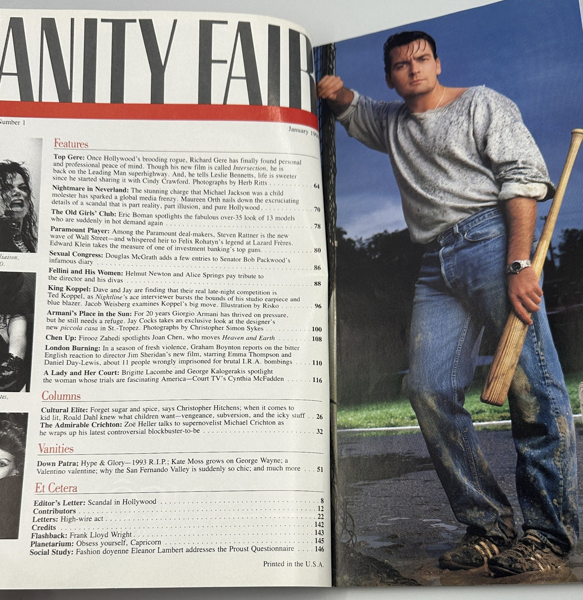 Interior page from Vanity Fair Magazine January 1994 showcasing Richard Gere in a casual pose with a baseball bat, emphasizing the magazine's focus on Hollywood personalities and cultural commentary.