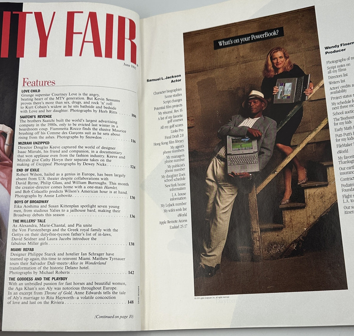 Vanity Fair Magazine June 1995 featuring Samuel L. Jackson and Wendy Finerman, highlighting articles including 'Love Child' with Courtney Love. A photo showcasing their use of technology on PowerBooks.