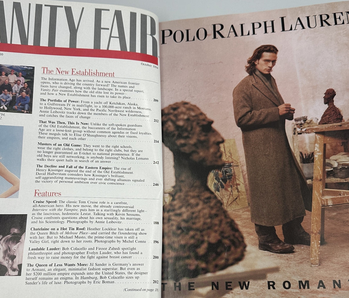 Interior spread of Vanity Fair Magazine October 1994, showcasing the Table of Contents including sections like 'The New Establishment' and features on Tom Cruise and Heather Locklear.