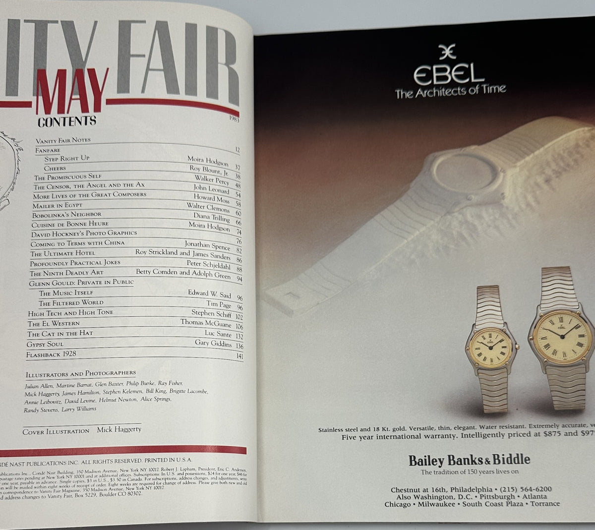 Interior page of Vanity Fair Magazine May 1983 displaying the Table of Contents with various article titles, including contributions from notable writers.