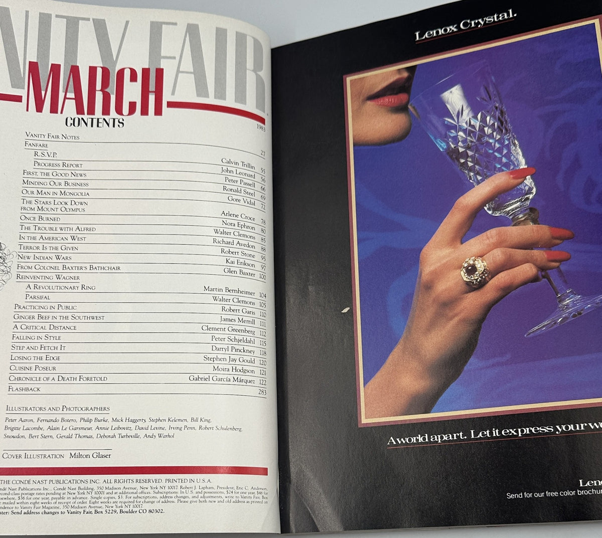Page from Vanity Fair Magazine March 1983 showing the Table of Contents with articles by Gore Vidal and Gabriel García Márquez, featuring an advertisement for Lenox Crystal.