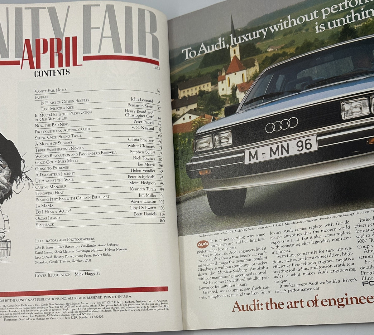 Inside page of Vanity Fair Magazine April 1983 displaying the Table of Contents alongside an Audi car advertisement, emphasizing luxury and performance.