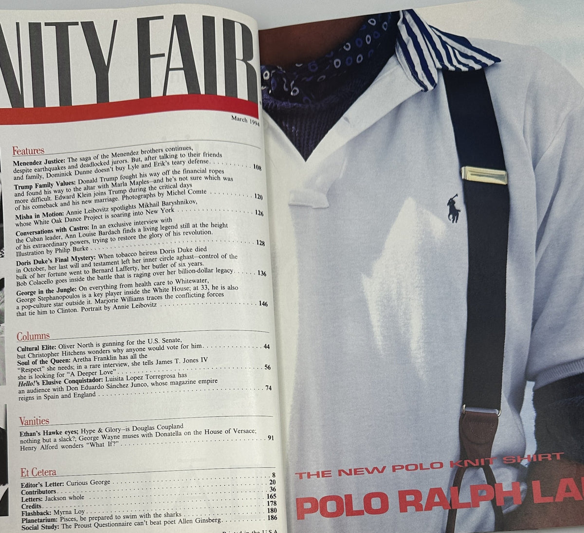 Inside page of Vanity Fair Magazine March 1994 displaying the Table of Contents with featured articles including 'Menendez Justice' and 'Trump Family Values'.