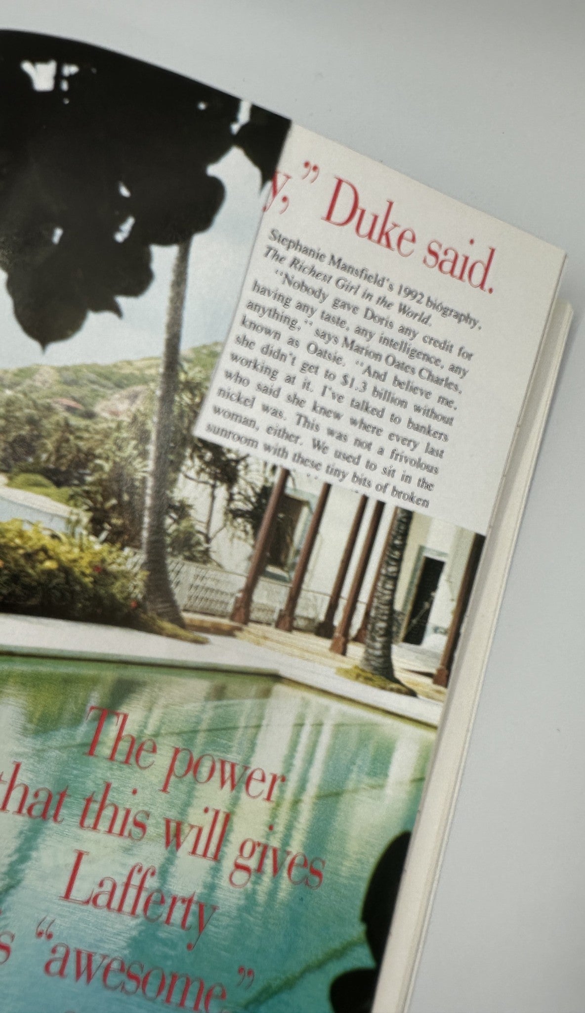 A page from Vanity Fair Magazine March 1994 featuring a highlighted quote related to Doris Duke, surrounded by images of a tropical property. This magazine issue explores various cultural and social topics of the time, including Trump's family values.