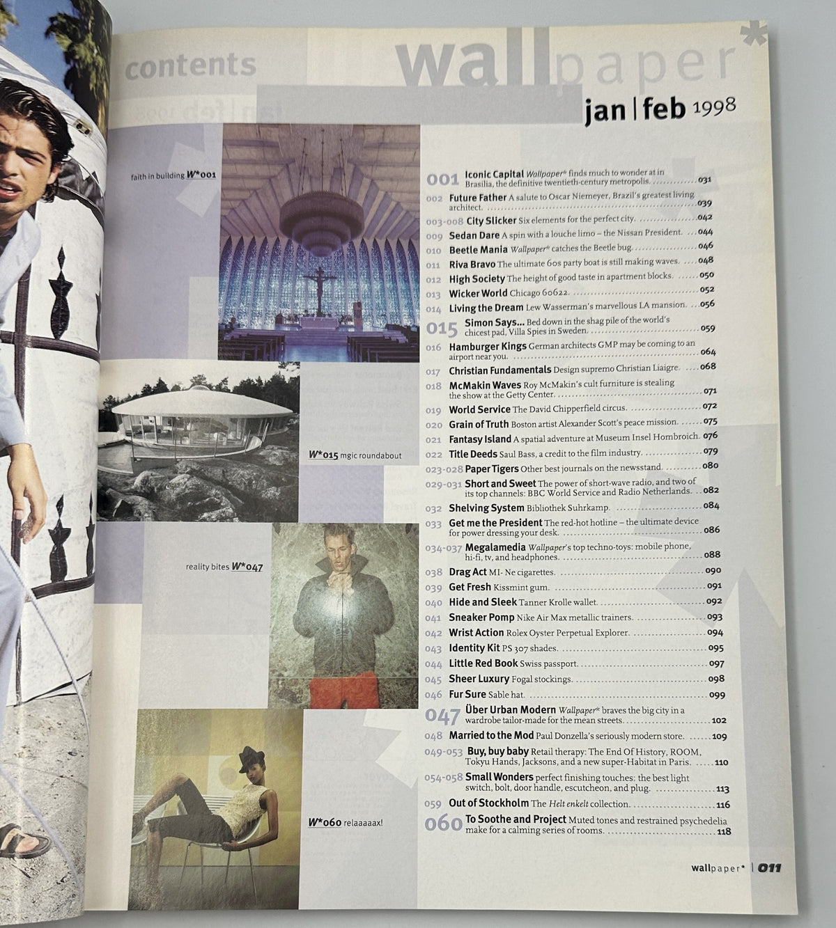 Table of Contents from Wallpaper Magazine January/February 1998, showcasing articles on design, architecture, and lifestyle, including sections like 'Iconic Capital' and 'Future Father'.
