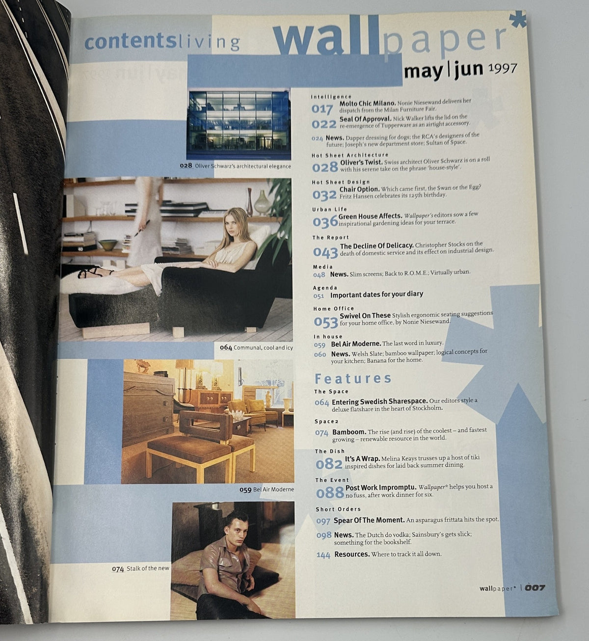 Contents page of Wallpaper Magazine May/June 1997, displaying articles about interiors, travel, and features like 'Entering Swedish Sharespace'.