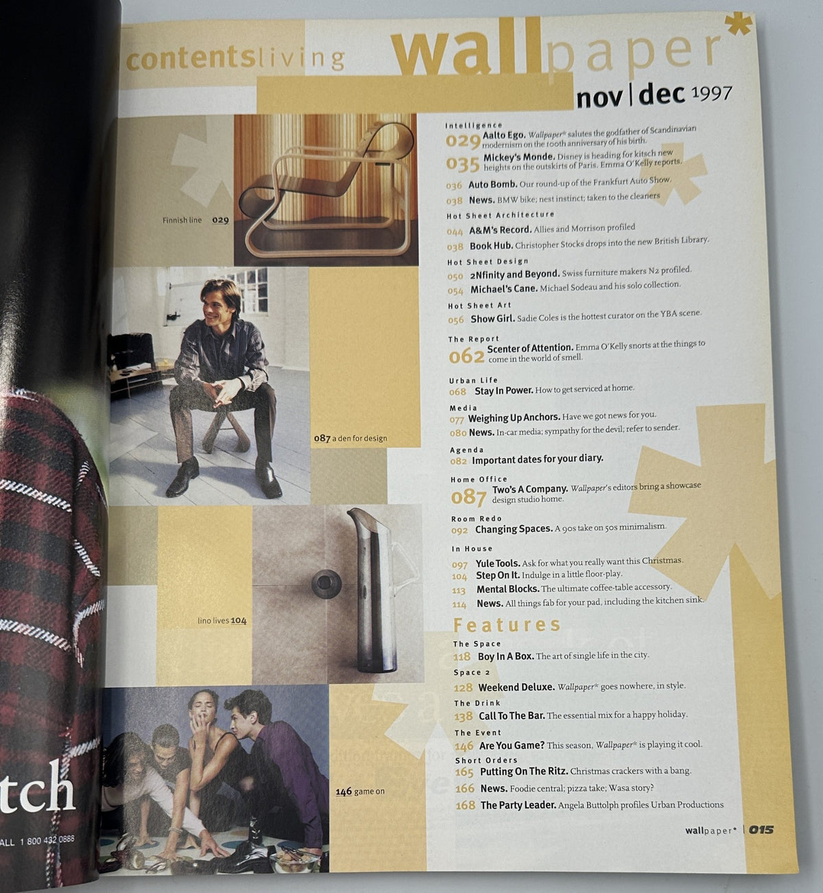 Wallpaper Magazine November/December 1997 featuring the Table of Contents, showcasing articles on Scandinavian modernism, Disney, and design trends. Perfect for interior design enthusiasts and collectors.