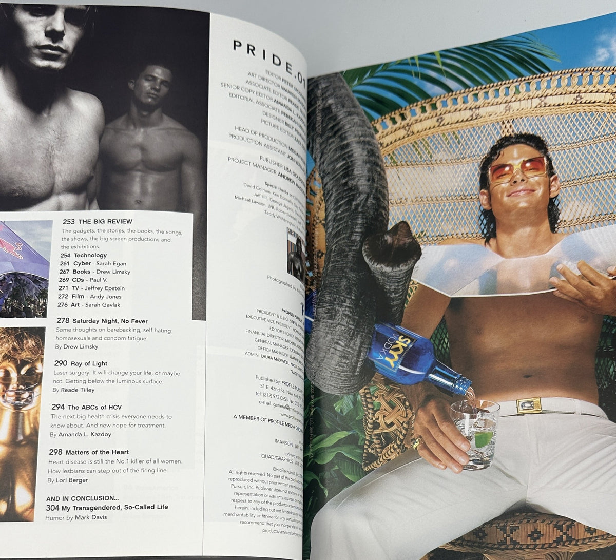 A vibrant page from Pride Magazine 2001 showcasing a model basking in tropical vibes with a cocktail, illustrating the carefree spirit of the LGBTQ lifestyle. The magazine features themes of self-expression and celebration.