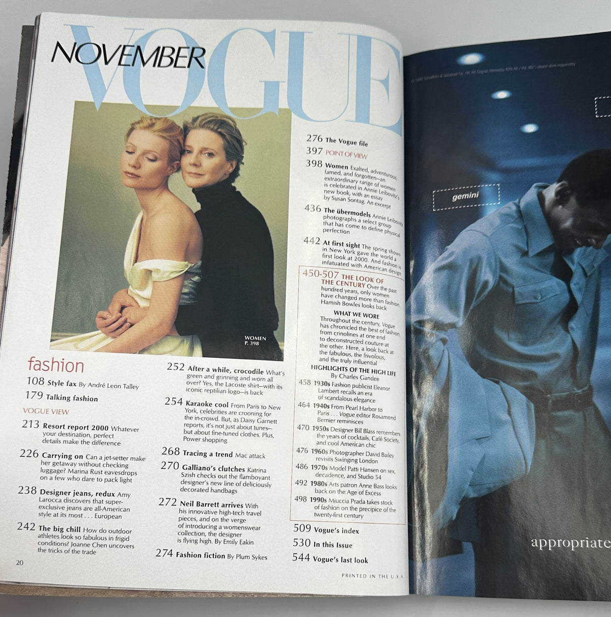 Inside page of Vogue Magazine November 1999 featuring contributors and notable fashion highlights, showcasing a blend of classic and contemporary styles by renowned designers, themed around 'The Look of the Century'.