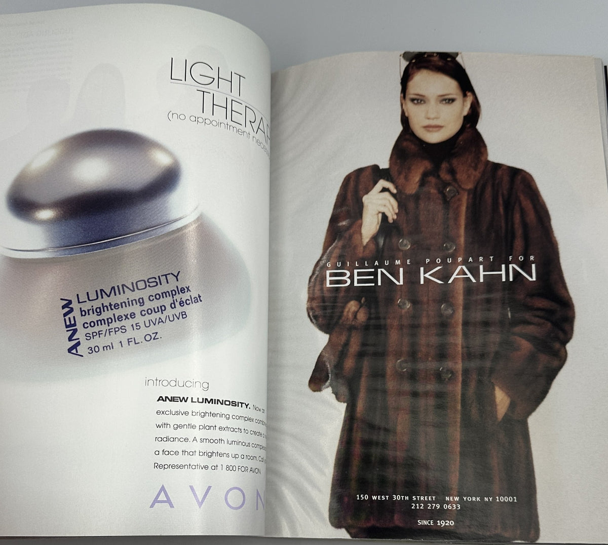 Advertising page in Vogue Magazine November 1999 introducing Anew Luminosity skincare product by Avon, showcasing the product's benefits for brightness and skin improvement.