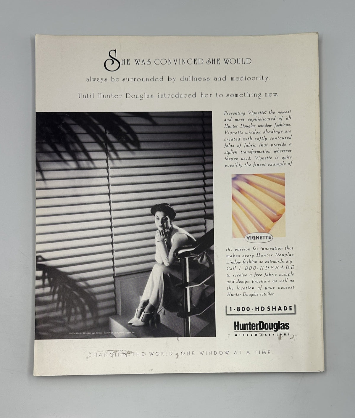 Back cover of Martha Stewart Living Magazine July/August 1996 featuring an advertisement for Hunter Douglas, showcasing a woman by a window with stylish shades.