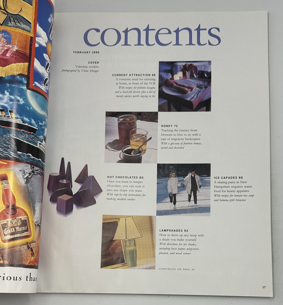 Inside page of Martha Stewart Living Magazine February 1996 showcasing the Table of Contents with features on honey, chocolates, and lampshades, highlighted by photography.