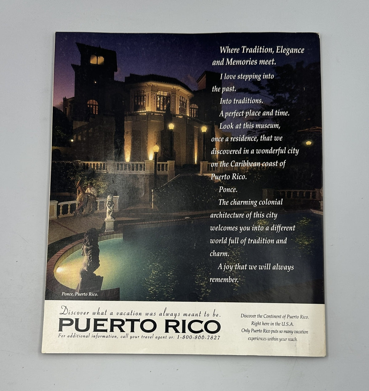 A scenic night view of a colonial-inspired building in Ponce, Puerto Rico, promoting the city's elegance and tradition, from the Martha Stewart Living Magazine February 1996 Valentines Chocolates Honey issue.
