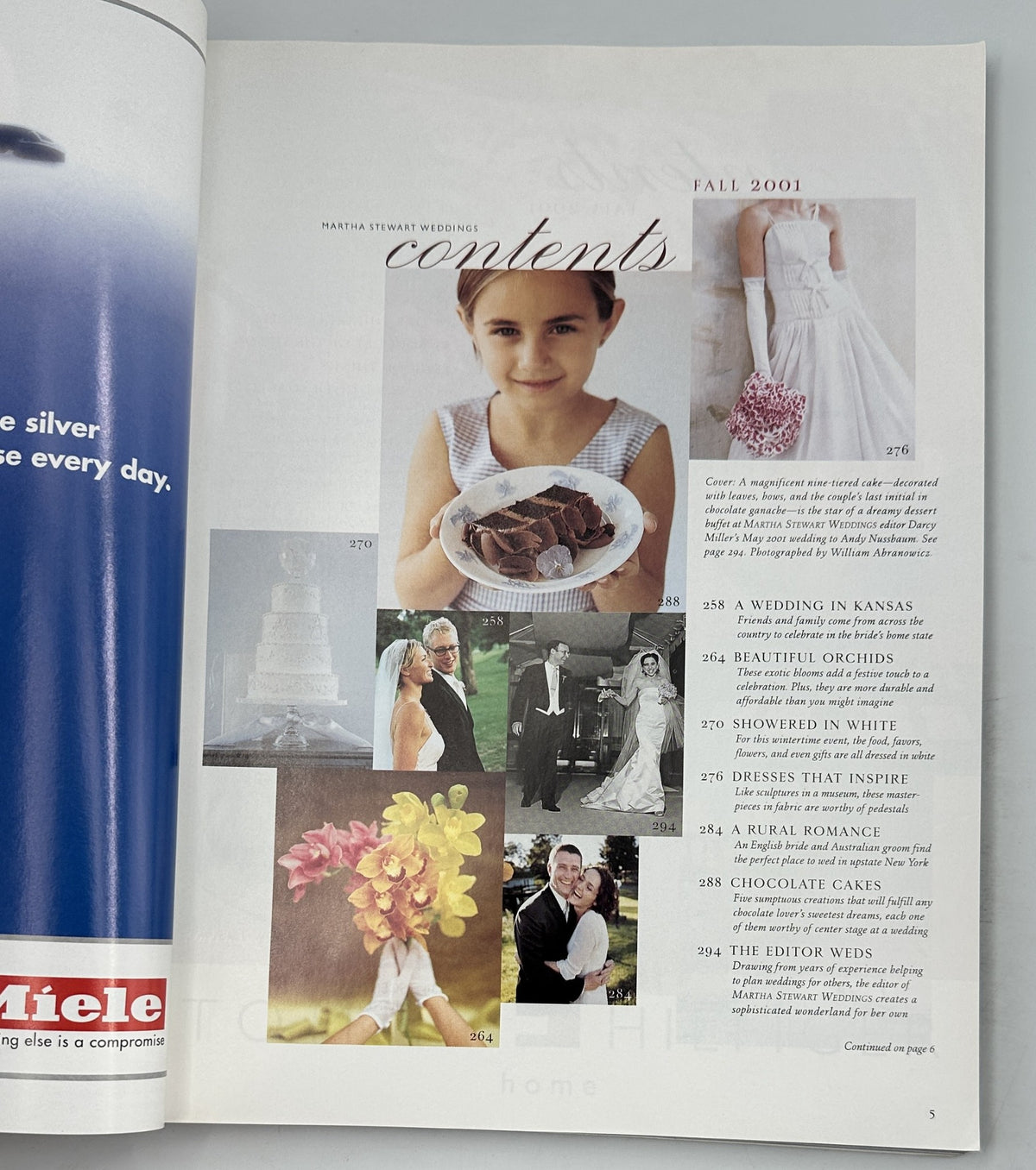 Inside content page of Martha Stewart Weddings Magazine Fall 2001 showcasing a child holding chocolate cakes, alongside images and descriptions of featured articles such as 'A Wedding in Kansas' and 'Beautiful Orchids'.