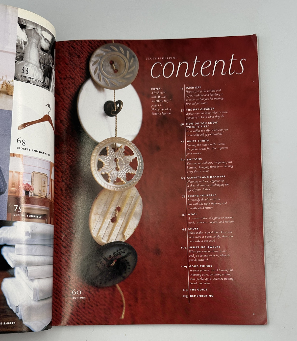 Table of contents from Martha Stewart Living Magazine Clotheskeeping Special Issue, detailing sections on wash day, dry cleaning, tailoring, and other clothing care topics.