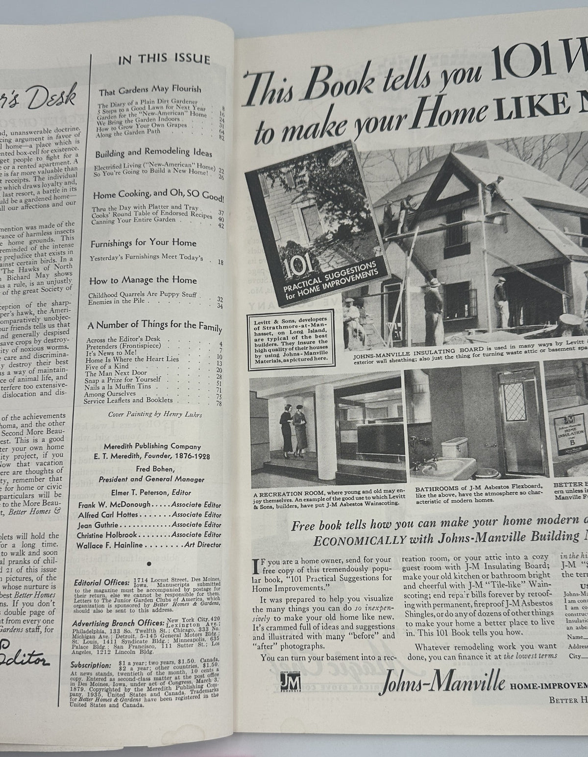 Inside page of Better Homes & Gardens Magazine September 1935 showcasing articles on home improvement, including advice on making your home like new. The issue features a detailed image and text about practical home renovations and decor.