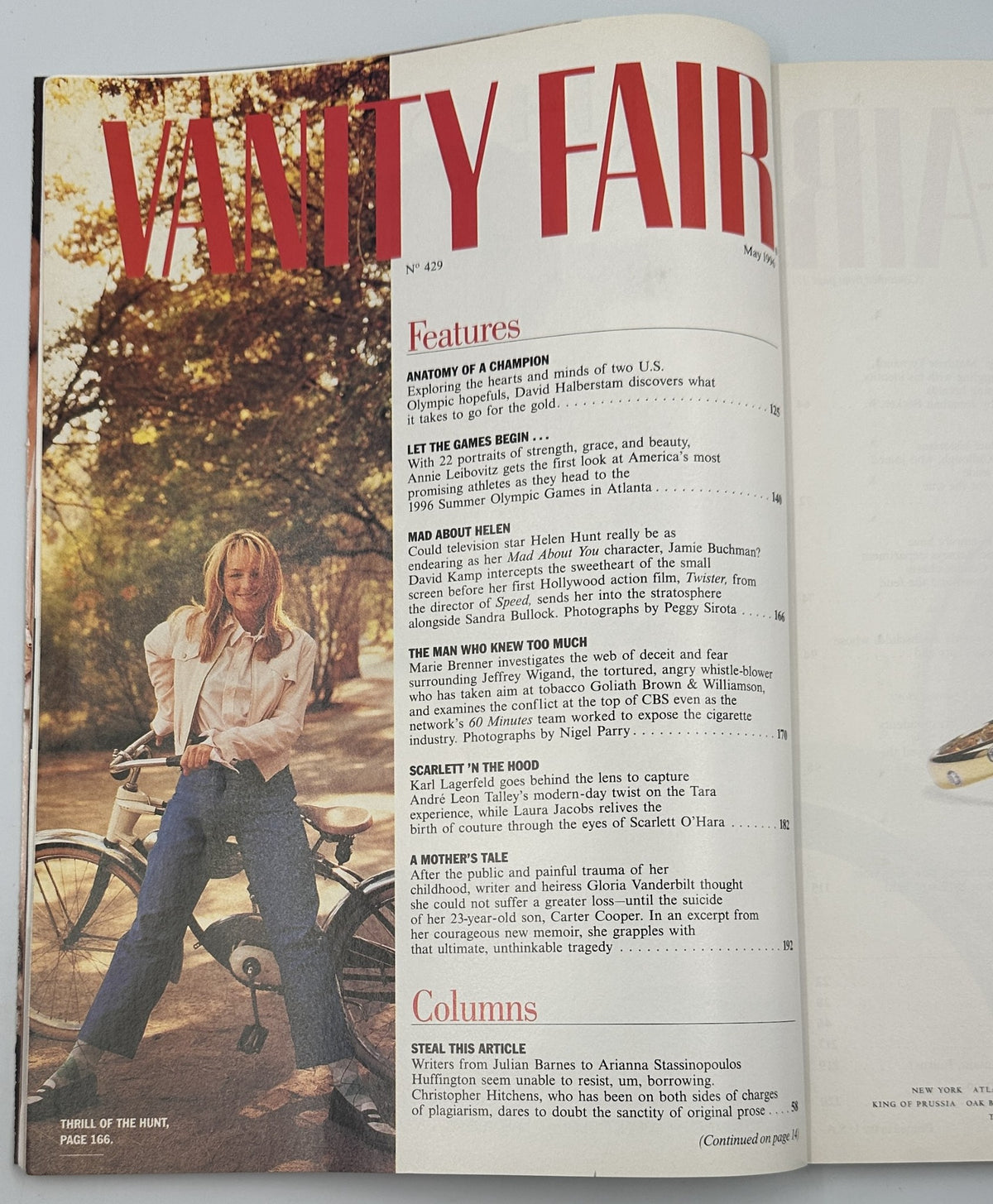 Vanity Fair Magazine May 1996 featuring 'Let the Games Begin' with insights on U.S. Olympic hopefuls, along with a feature on Helen Hunt. The page showcases an article layout with a photograph and text columns.