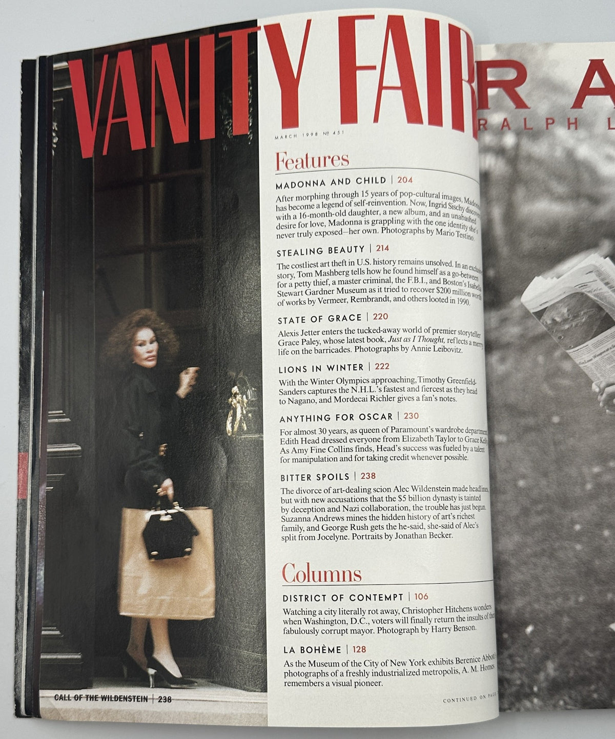 Inside page of Vanity Fair Magazine, March 1998, displaying the Table of Contents with articles including 'Madonna and Child' and 'Stealing Beauty'.