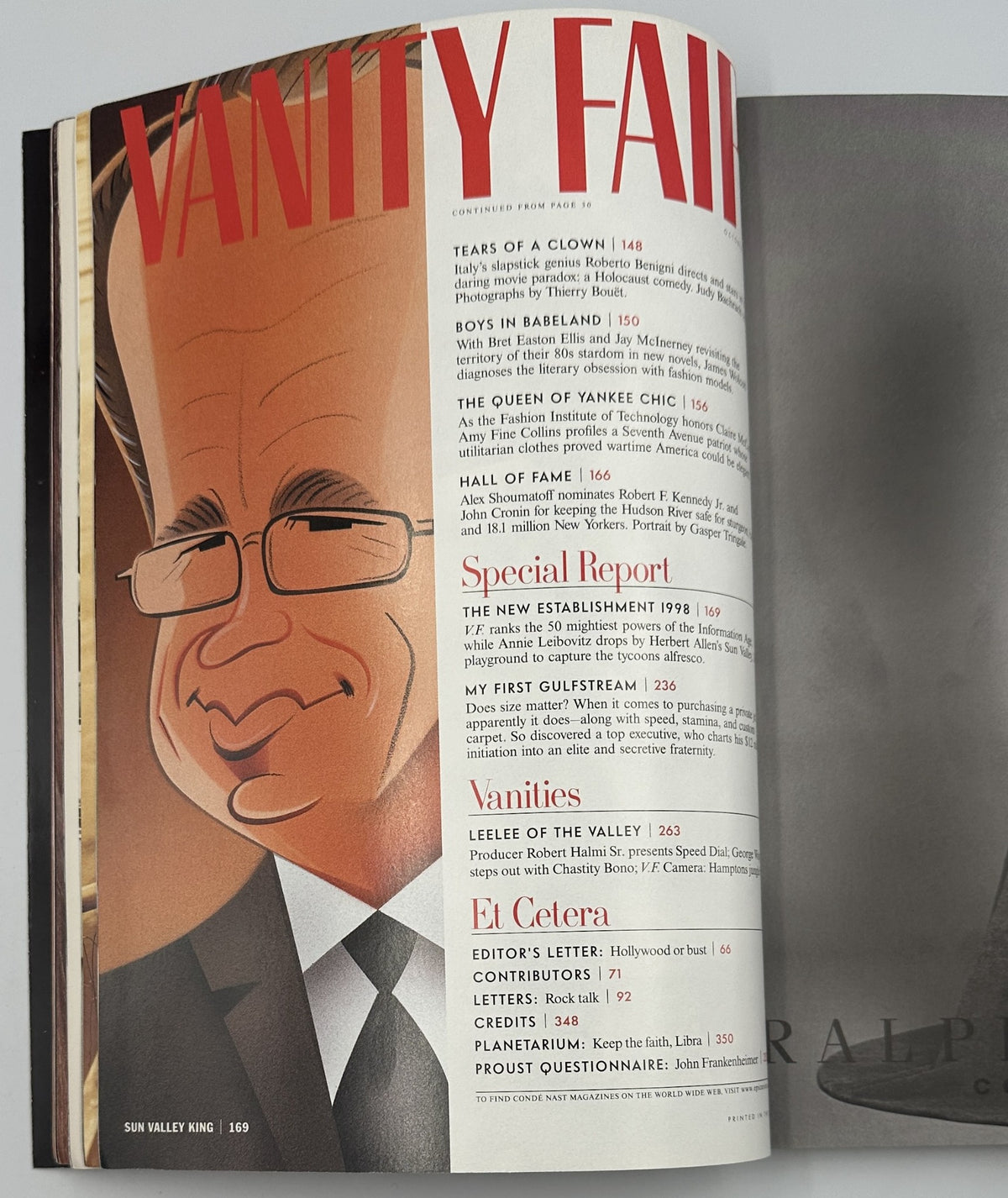 Interior page of Vanity Fair Magazine, October 1998, showcasing the Table of Contents with features like 'Tears of a Clown' and 'Boys in Babeland,' reflecting on the prominent topics of the issue.