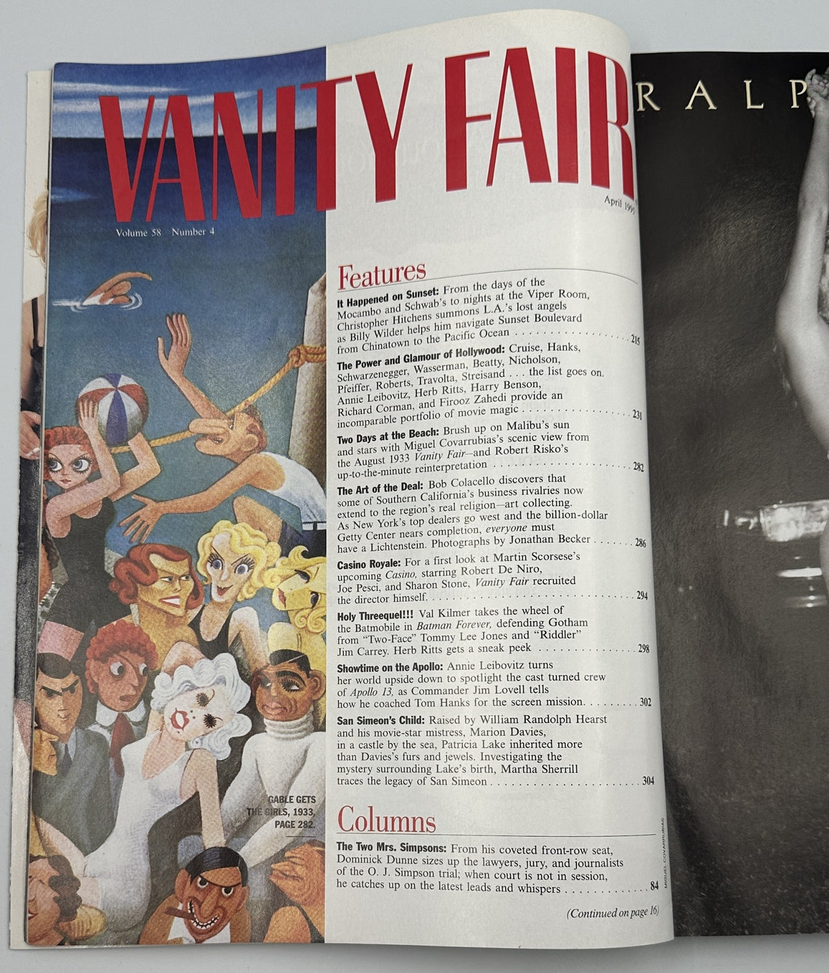 Inside page of Vanity Fair Magazine April 1995 showcasing the Table of Contents, detailing features and columns related to Hollywood's power and glamour.