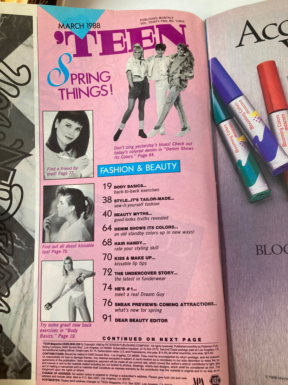 Interior page of VTG Teen Magazine March 1988 displaying various contents including fashion and beauty sections from the 80s.