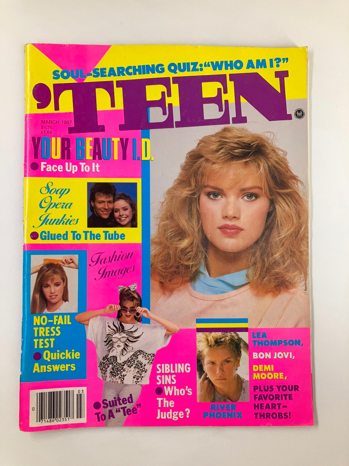 VTG Teen Magazine March 1987 cover featuring Lea Thompson, Bon Jovi, Demi Moore, and River Phoenix with colorful graphics and vibrant design.