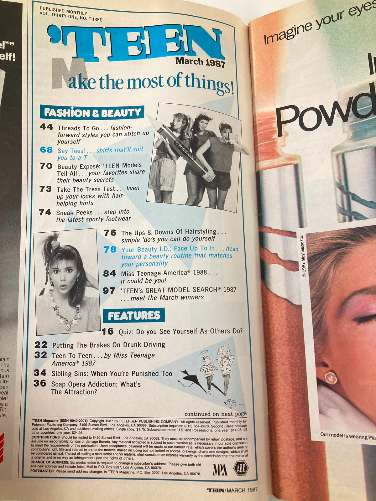 Interior page of VTG Teen Magazine March 1987 highlighting fashion and beauty features along with model tips with a vintage layout.
