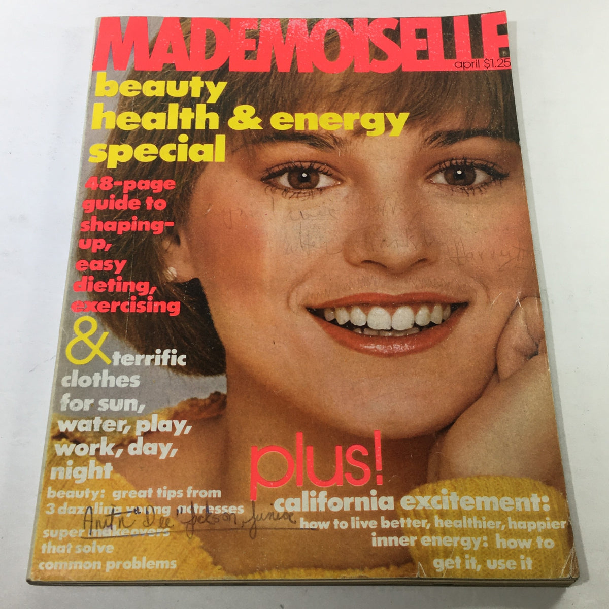 VTG Mademoiselle Magazine Cover from April 1977 featuring Bonnie Lysohir with a focus on beauty and health, showcasing vibrant colors and classic 1970s style.