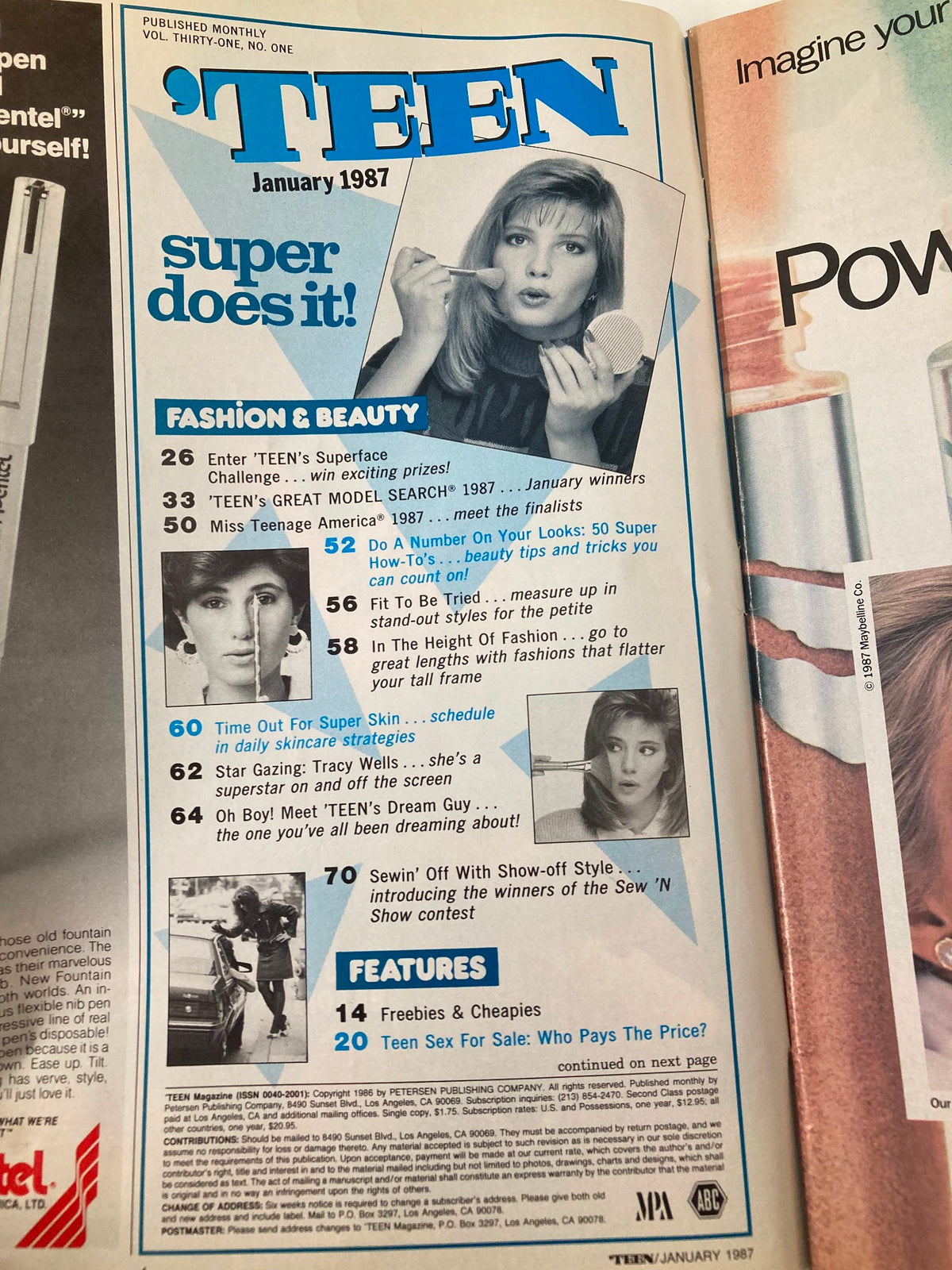 Interior page of Teen Magazine January 1987 featuring fashion and beauty articles, with images and text highlighting super face challenges and model search details.