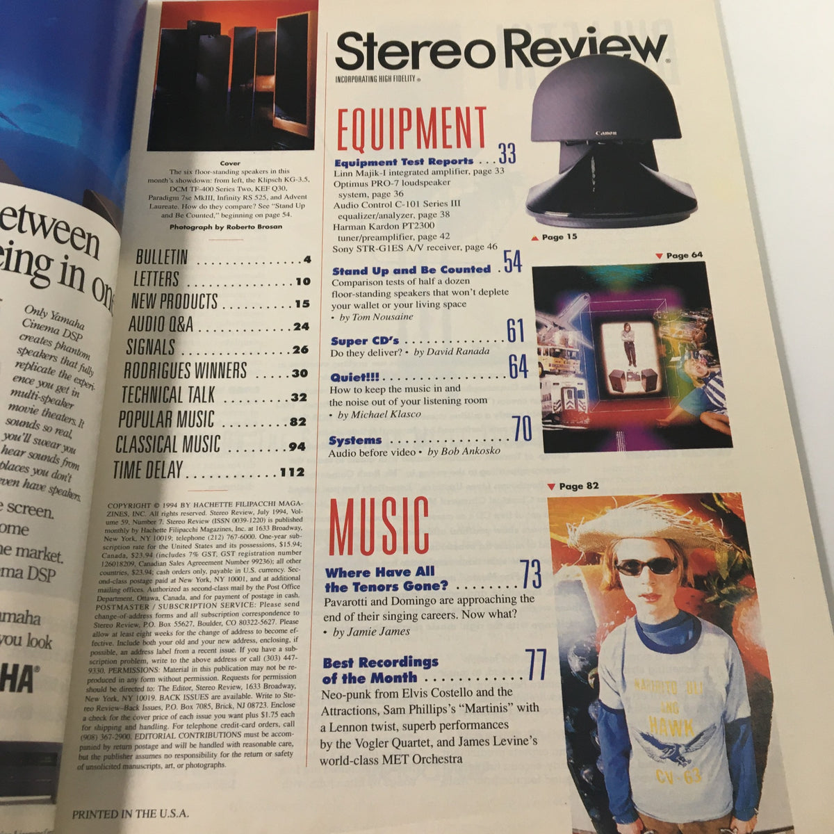Interior page of Stereo Review Magazine July 1994, featuring content listings including equipment test reports and articles on audio technology.