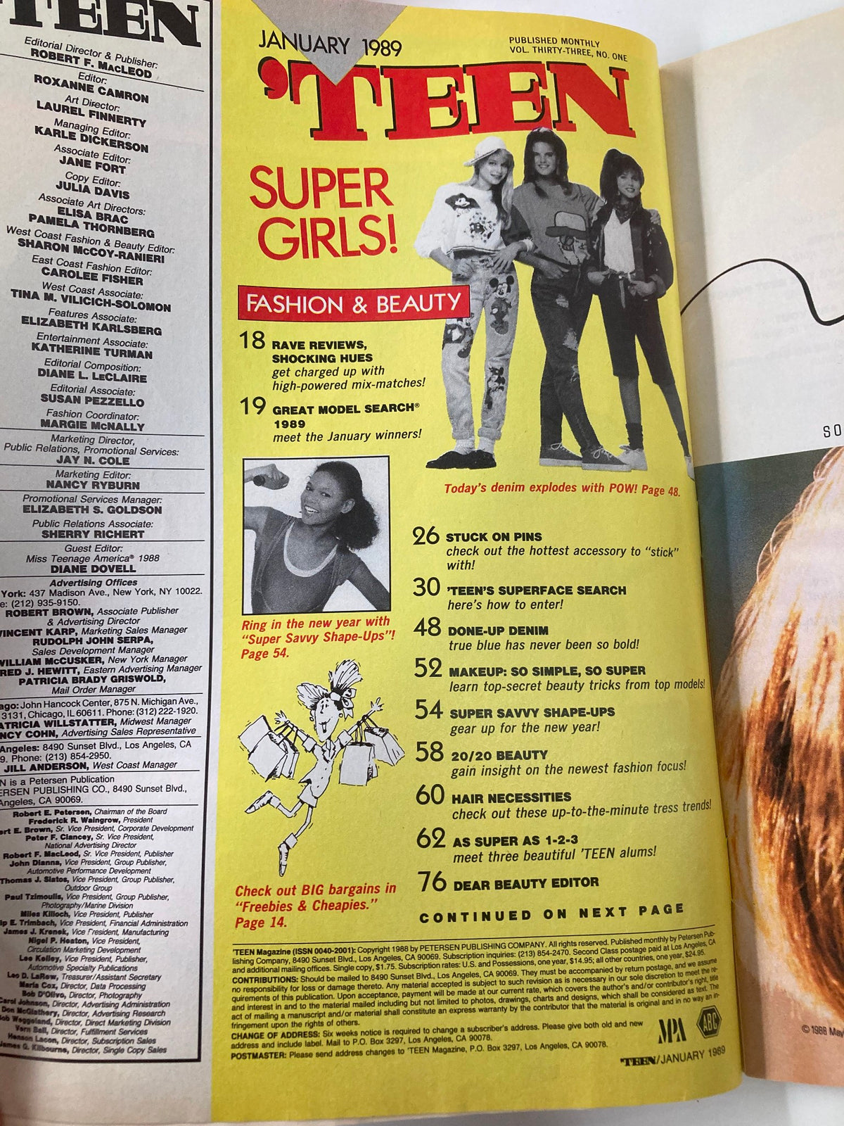 Interior page of VTG Teen Magazine January 1989 highlighting fashion and beauty with models in trendy outfits, providing a glimpse of 80s pop culture and style.