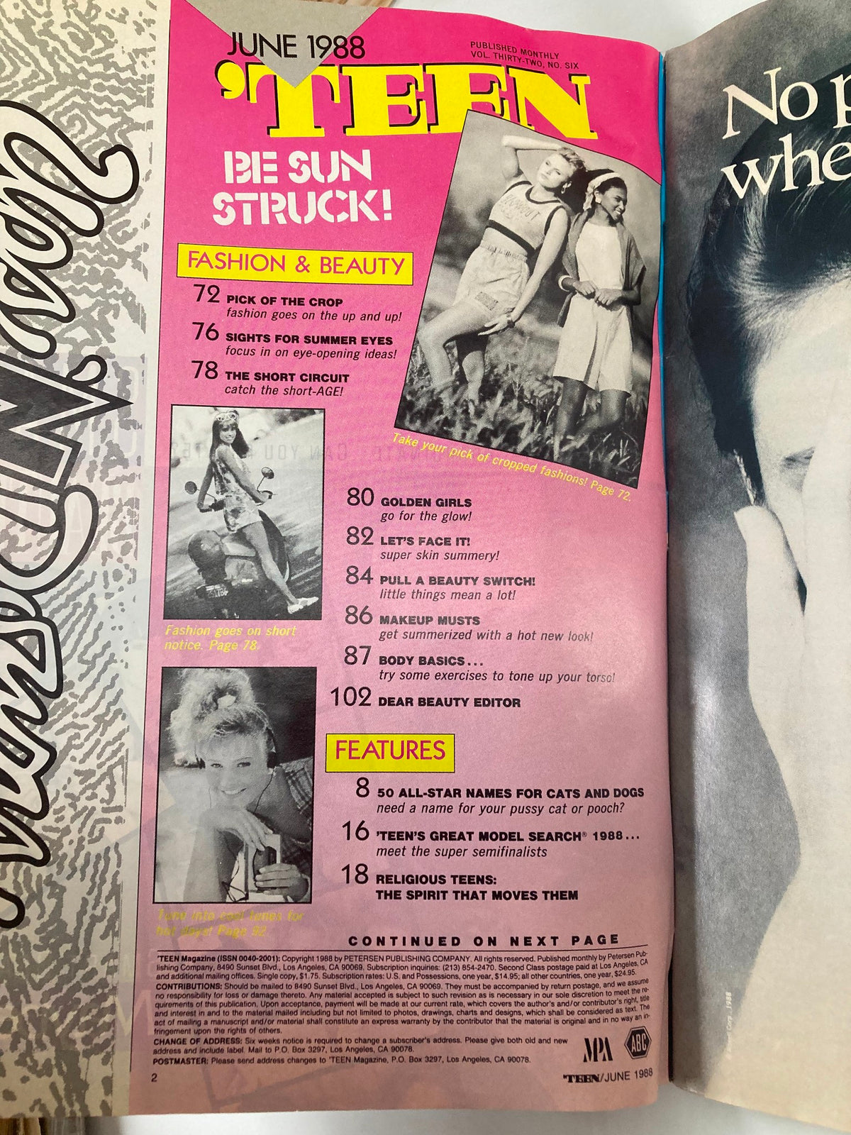 Inside page of VTG Teen Magazine June 1988 presenting a table of contents, featuring sections on fashion and beauty from the late '80s, along with articles on teenage life.