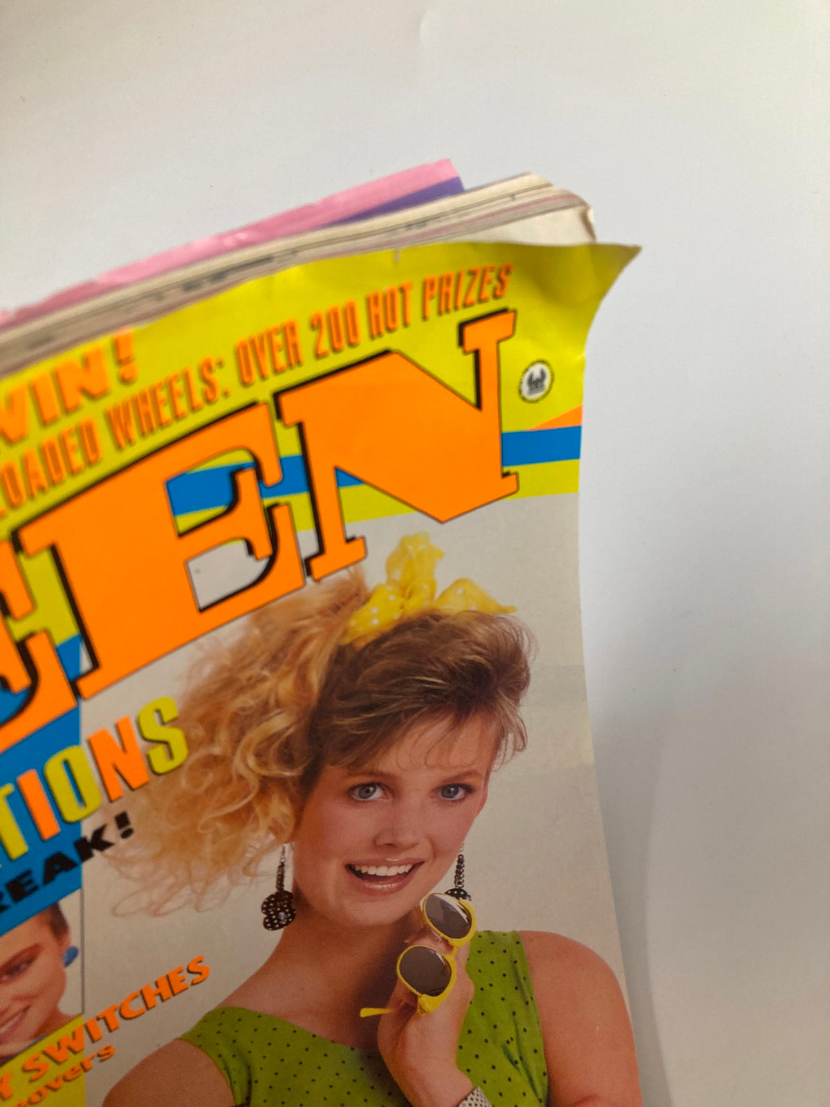 Detailed view of the corner of the VTG Teen Magazine June 1988 cover, showing minor wear, and the striking design elements typical of 1980s magazine aesthetics.