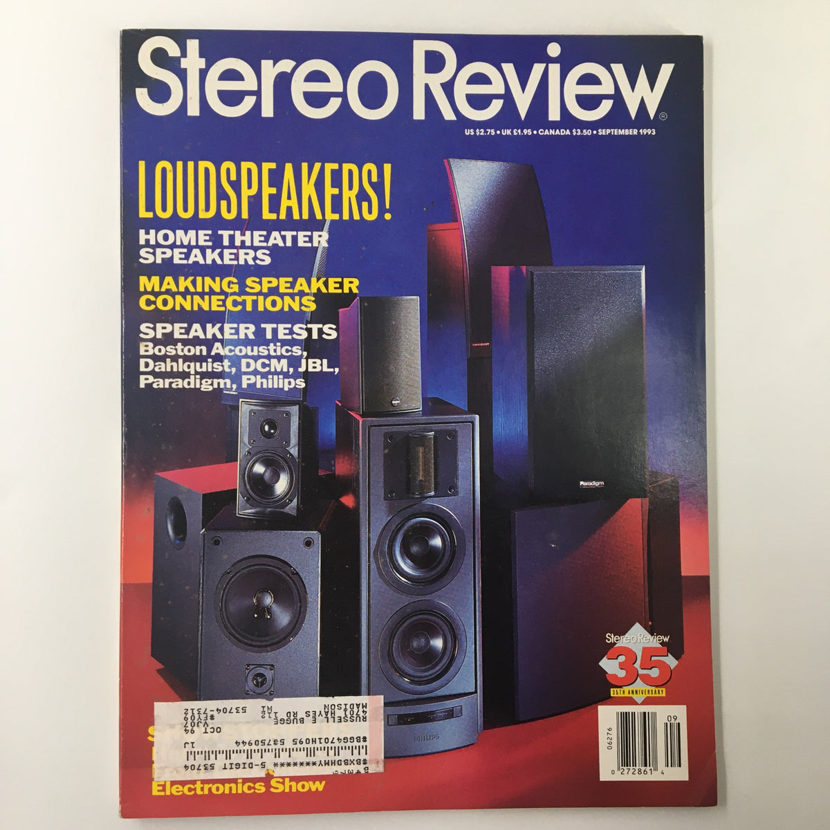 Stereo Review Magazine September 1993 cover featuring loudspeakers and home theater speakers, highlighting speaker tests of renowned brands like Boston Acoustics, DCM, JBL, Paradigm, and Philips.