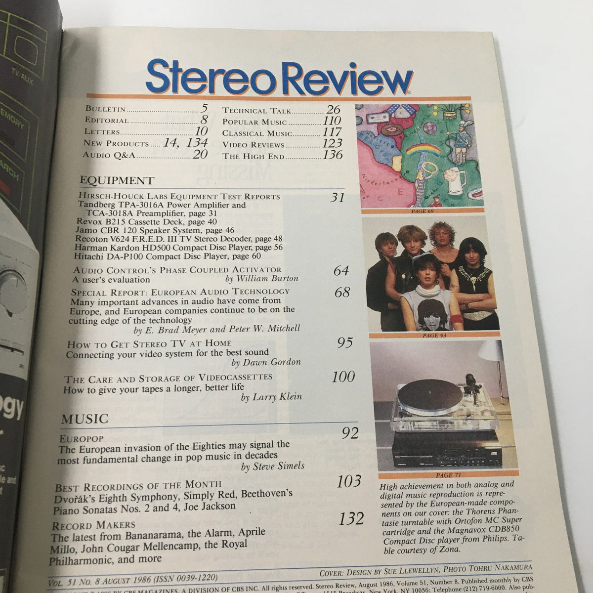 Contents page of Stereo Review Magazine August 1986 highlighting equipment test reports and articles including the Tandberg TPA-3016A Amplifier.