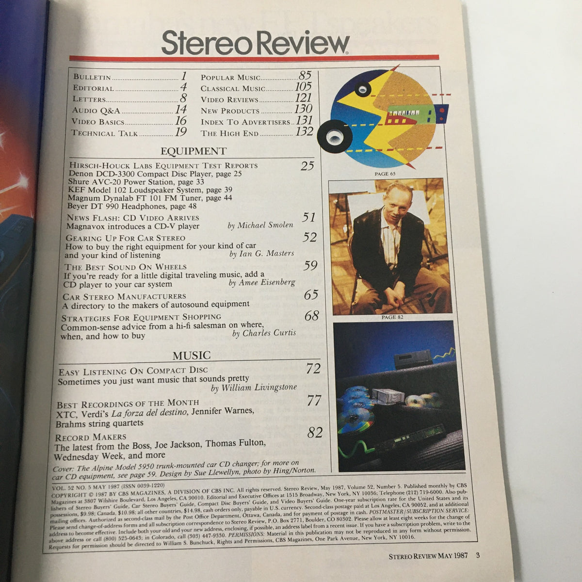 Table of contents from Stereo Review Magazine May 1987, listing articles and features related to car audio technology, including a review of the Alpine Model 5950 Truck-Mounted Car CD.