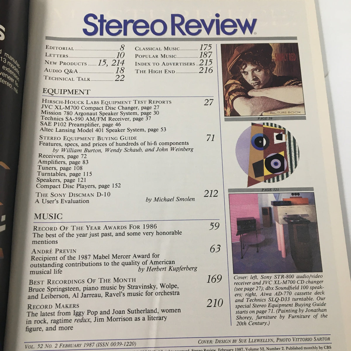 Table of contents of Stereo Review Magazine February 1987, showcasing equipment test reports and music articles, including a review of the Sony STR-800 receiver.