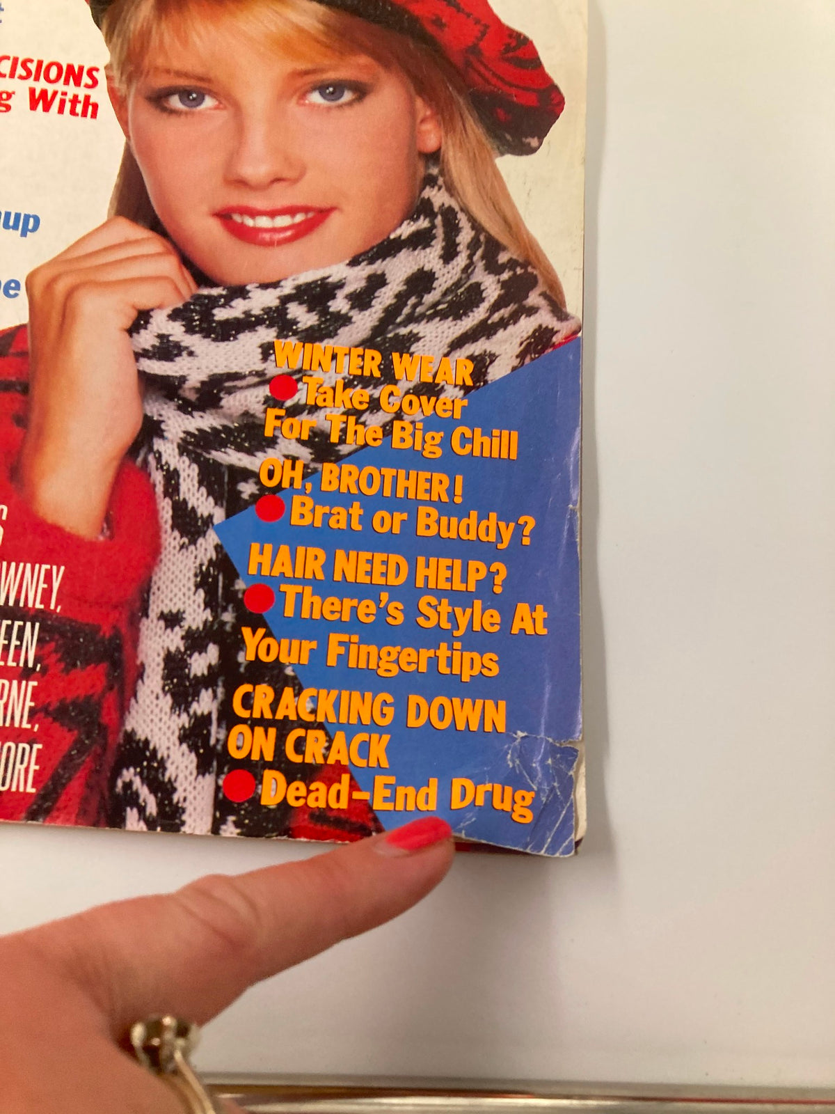 Cover of VTG Teen Magazine November 1986 featuring a model in winter attire, highlighting articles like 'Winter Wear' and 'Cracking Down on Crack'.