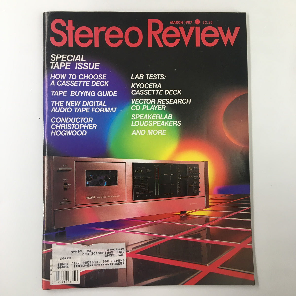 Cover of Stereo Review Magazine March 1987 featuring a review of the Kyocera D-811 Cassette Deck and colorful retro graphics highlighting audio equipment insights.