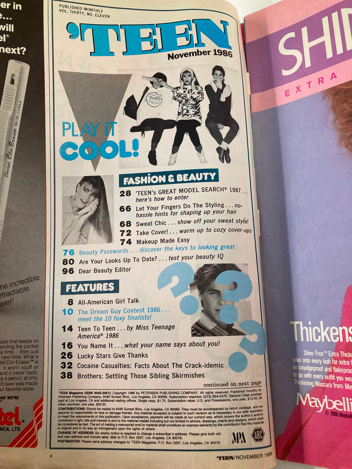 Interior page of VTG Teen Magazine November 1986 featuring articles on fashion and beauty, displaying colorful typography.