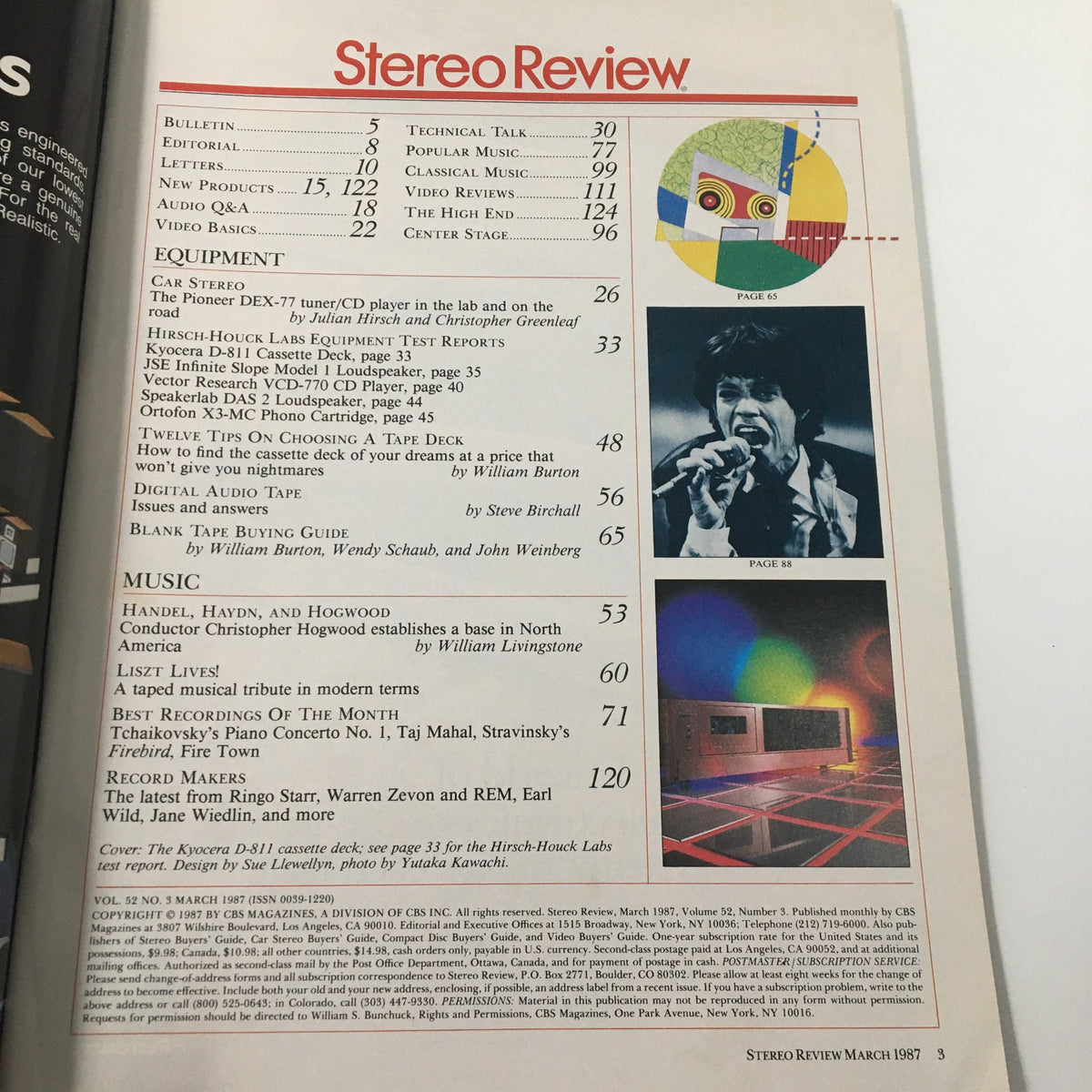 Table of contents page from Stereo Review Magazine March 1987, detailing articles including the Kyocera D-811 Cassette Deck review and featuring conductor Christopher Hogwood.