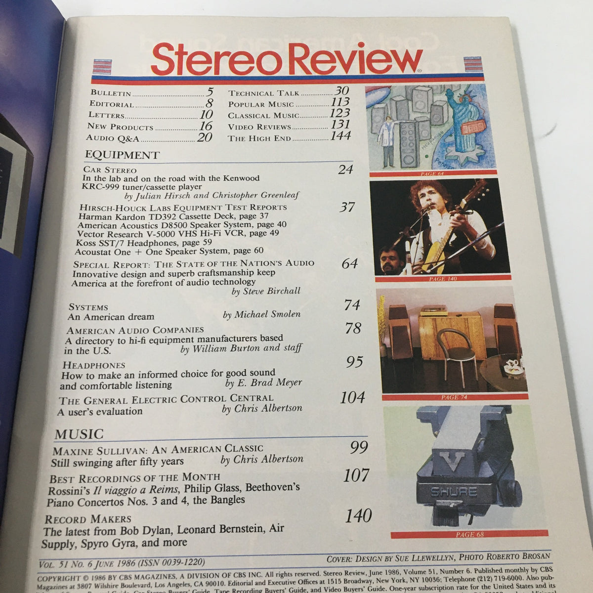 Table of contents page from Stereo Review Magazine June 1986, highlighting articles on American audio and Harman Kardon Cassette Deck lab tests.
